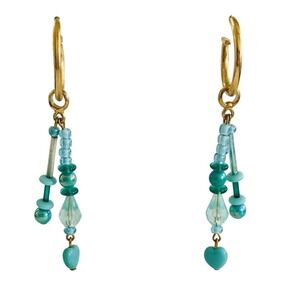 VTG Hoop Earrings Gold Plated Statement Pierced Dangle teal Blue Art Glass Heart